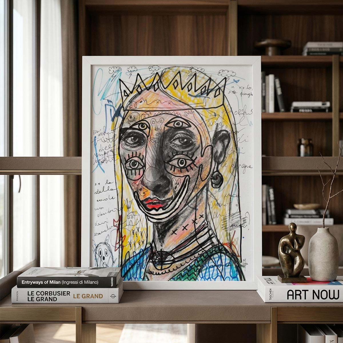 Dettaglio della corona gialla stilizzata nell'opera di arte contemporanea Massimiliano Precisi.