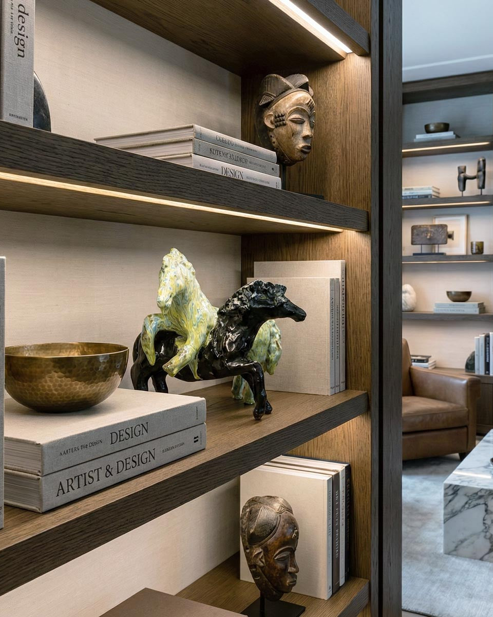Scultura artistica in ceramica smaltata raffigurante due cavalli che si impennano (uno marmorizzato giallo-verde, uno nero), esposta come pezzo centrale su una libreria in legno scuro in stile Liaigre. L'illuminazione a LED integrata esalta la texture lucida della ceramica, circondata da libri di design, una ciotola in bronzo martellato e una maschera etnica in un salotto sofisticato.