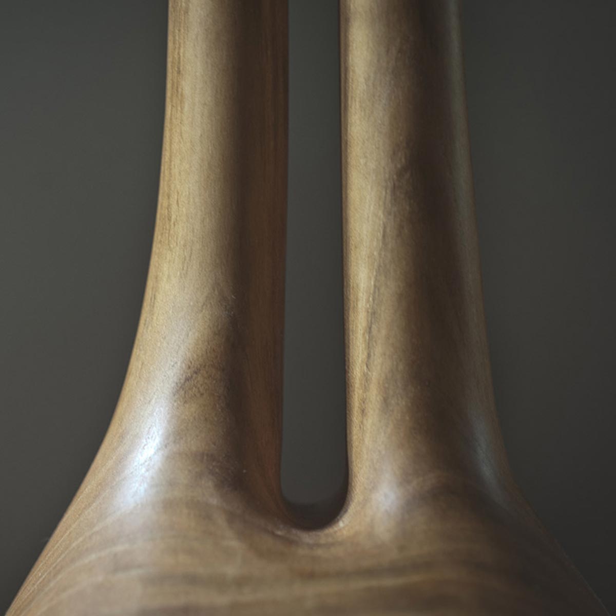 Primo piano della superficie levigata e delle venature calde del legno di ciliegio della scultura.