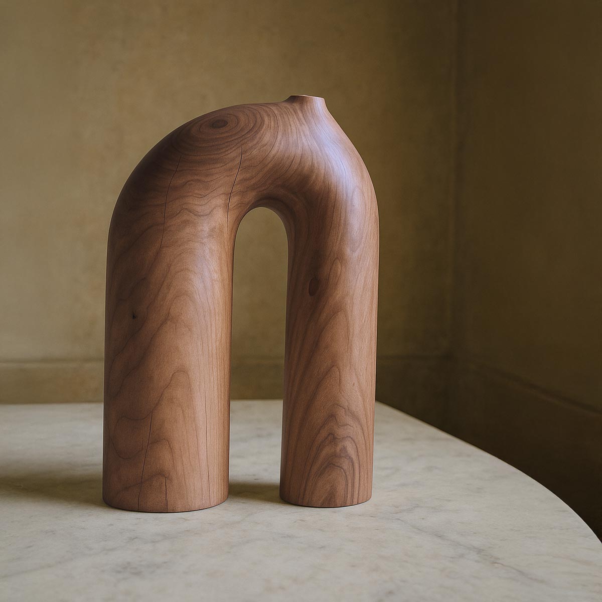 La scultura in legno di ciliegio esposta da sola su una mensola, mostrando la sua forma a portale.