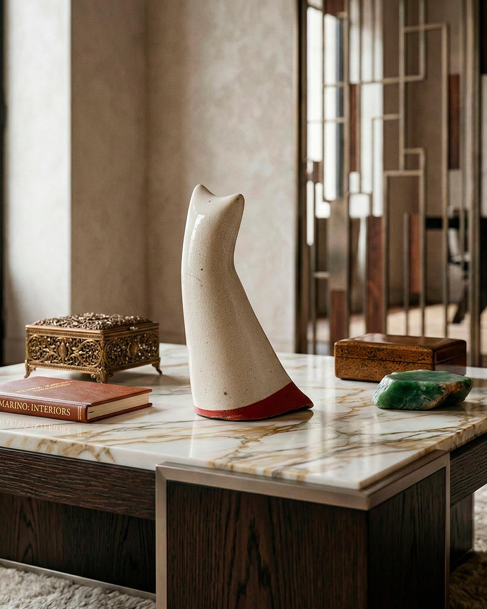 Oggetto design ceramica craquelé con profilo a doppia punta e base rossa.