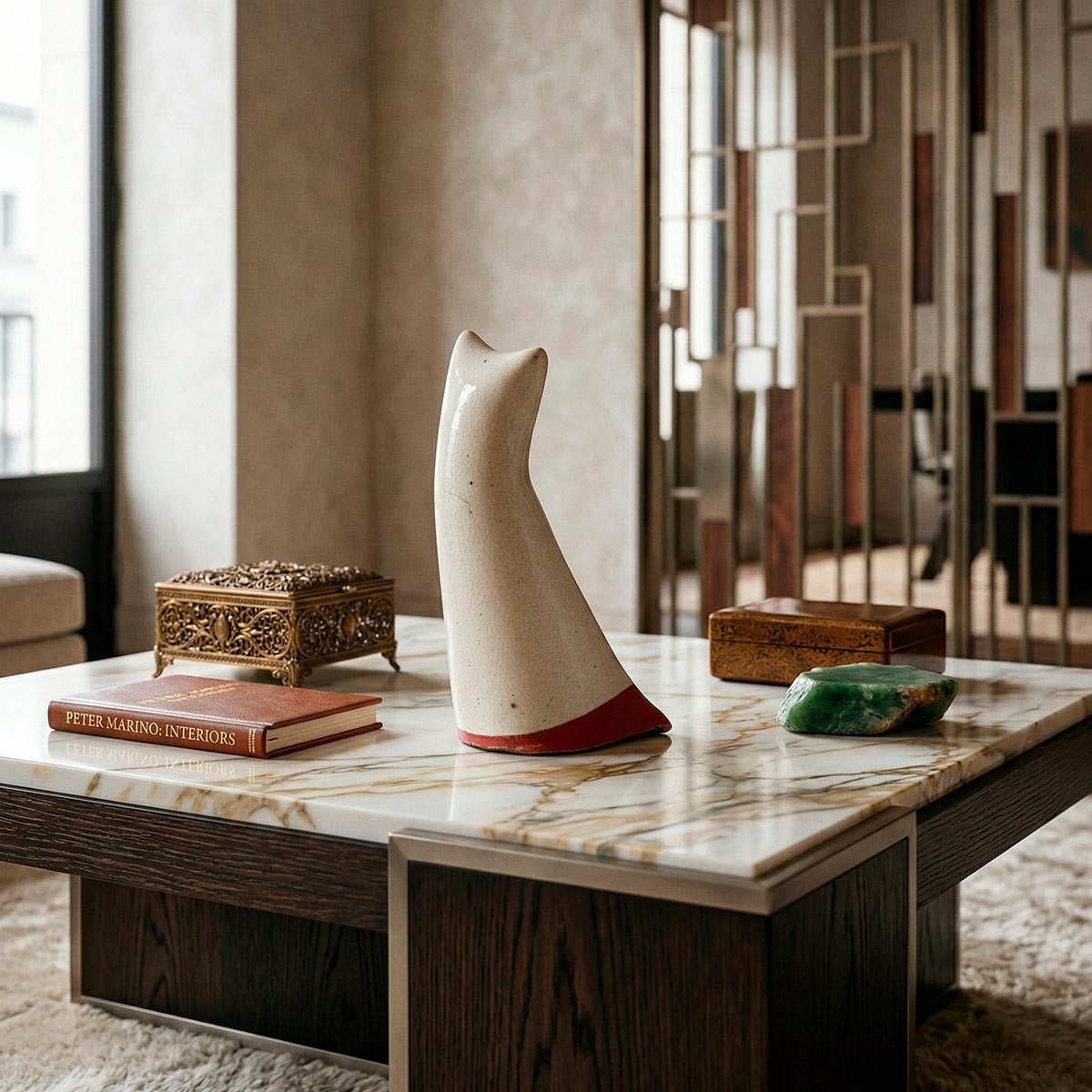 Oggetto design ceramica craquelé con profilo a doppia punta e base rossa.