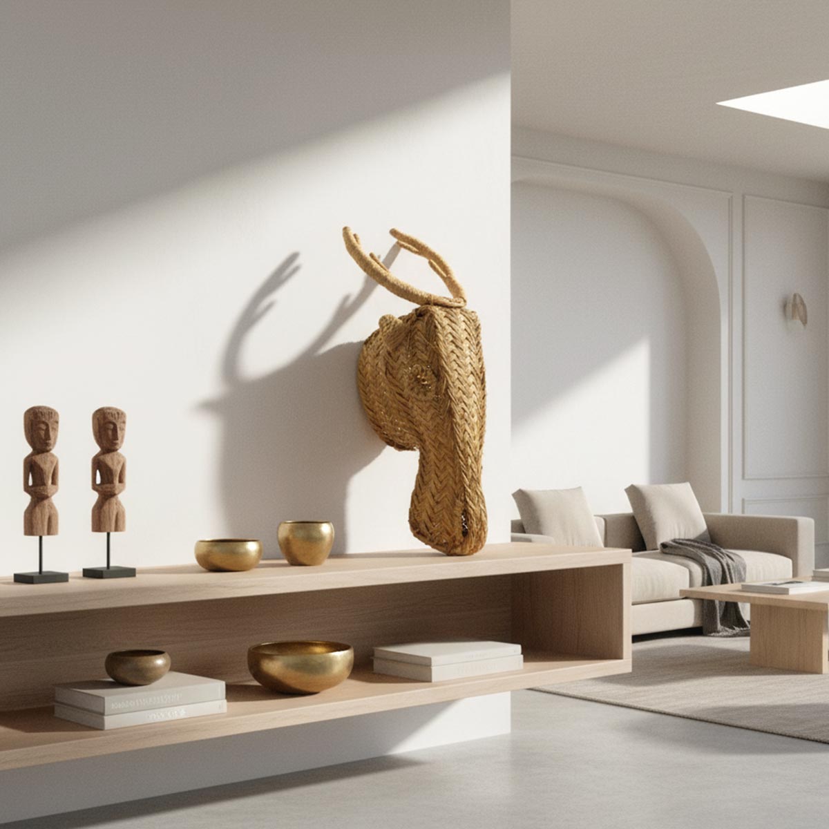 La scultura da parete fauno appesa sopra un divano in un salotto dal design bohémien.