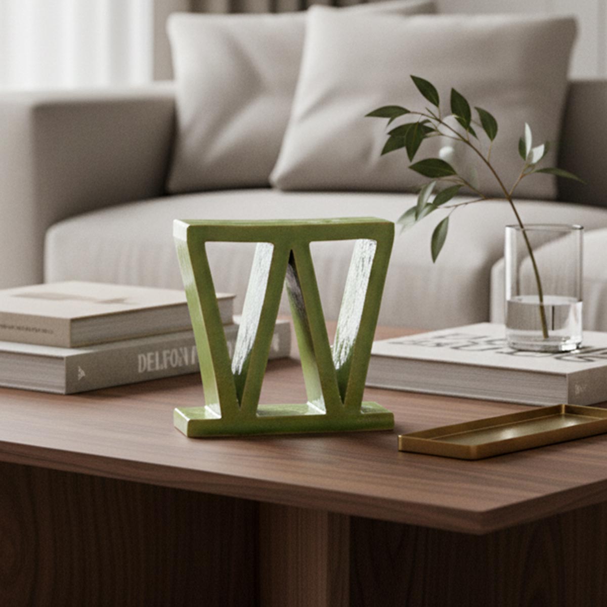 La scultura in ceramica verde Orizzonte Verdeggiante come centro scultoreo su un tavolino.