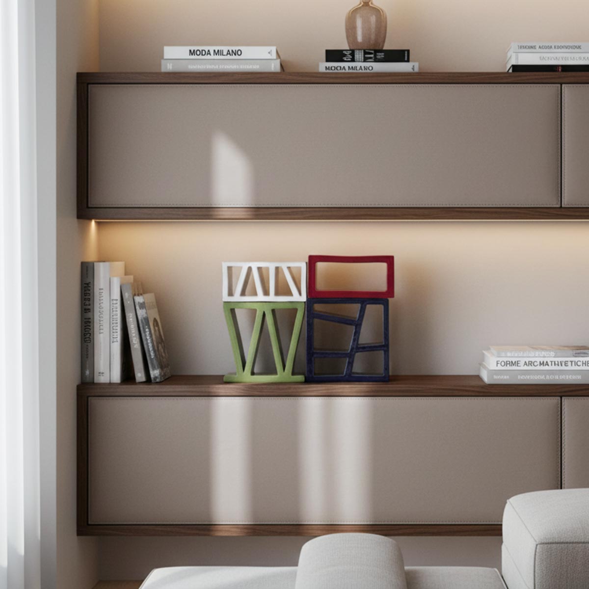 Passaggio Rubino posizionata su una console, che mostra il contrasto tra i materiali.