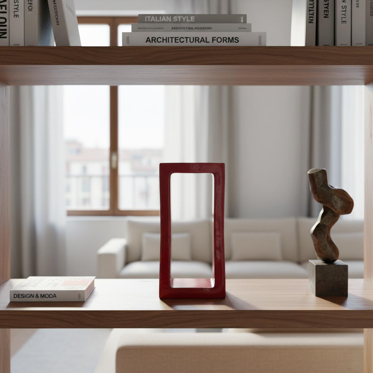 Scultura in terracotta rossa Passaggio Rubino, con design a soglia e interno smaltato.