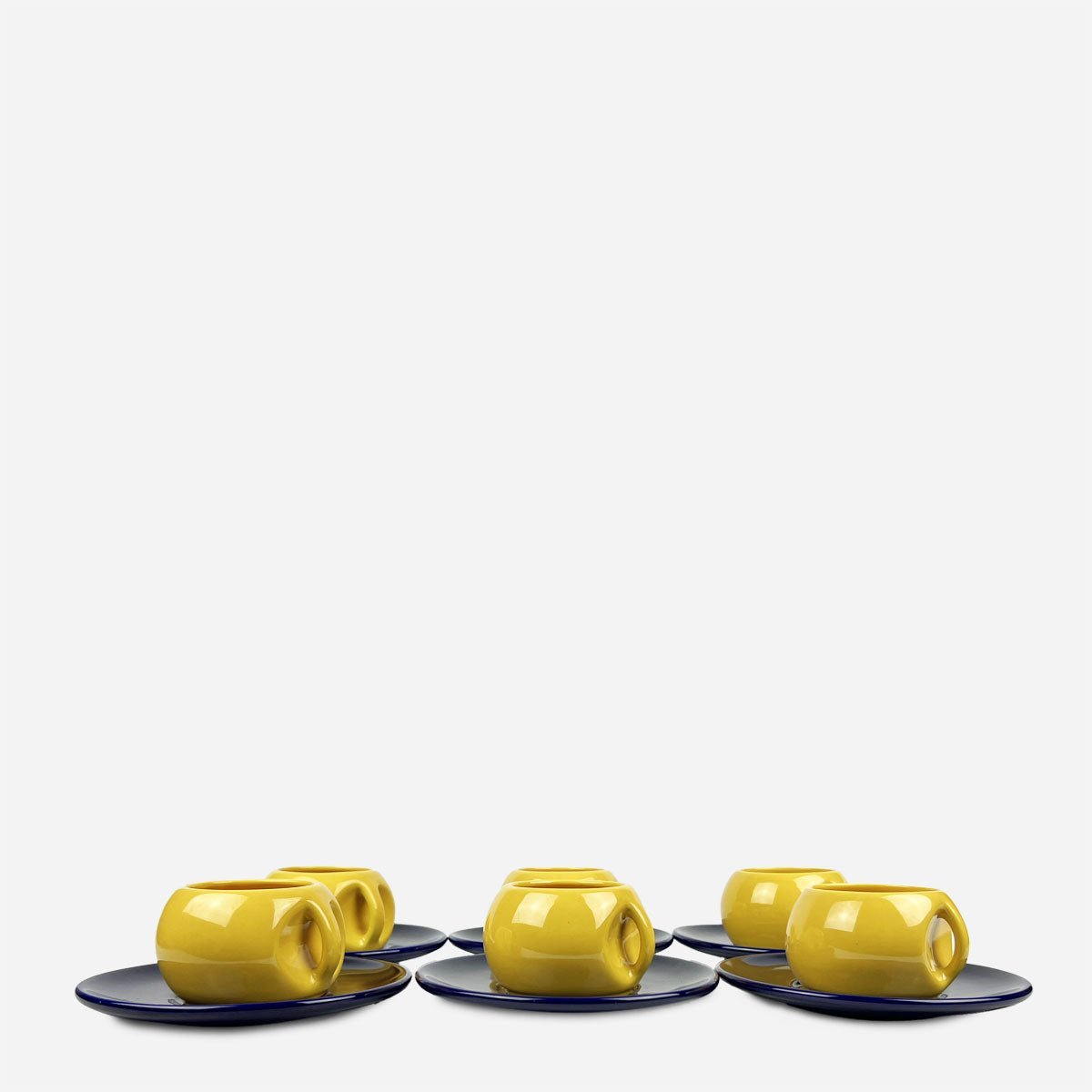 Set da tè Majorelle vintage anni '70 completo, con teiera, zuccheriera e tazze blu e gialle.