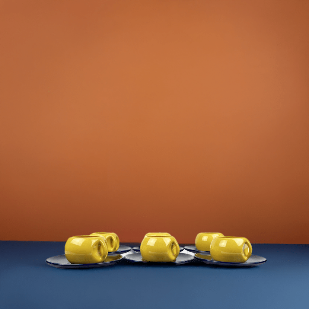 Dettaglio di una tazza e del suo piattino del Set da tè Majorelle che mostrano il design sinuoso anni '70.