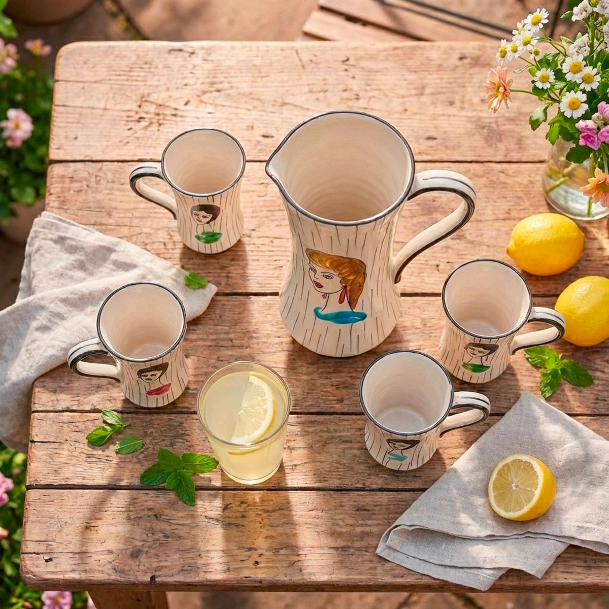 Vista dall'alto del set limonata vintage che mostra la disposizione di tutti i suoi pezzi.