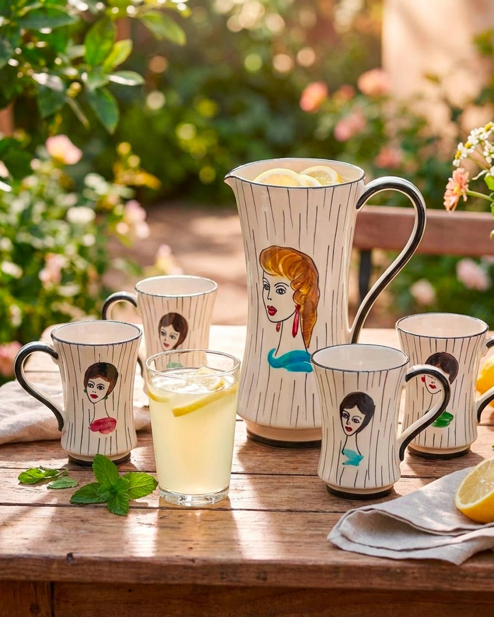 Dettaglio del vibrante colore giallo e blu sulla ceramica di Montelupo del set da limonata.