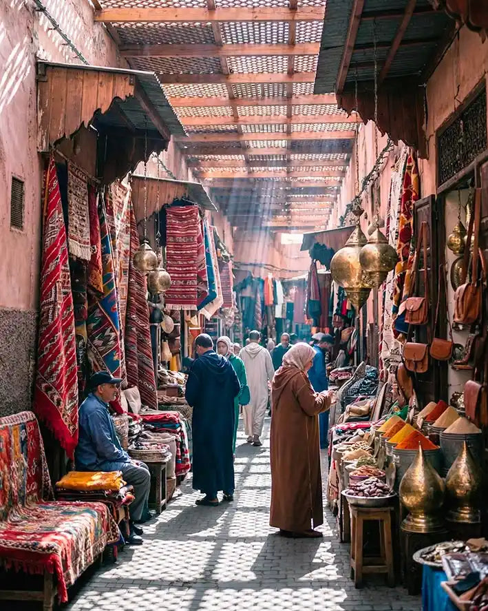 Mercato souk in Marocco con tappeti e artigianato locale, dove ha avuto inizio la storia di Elena e Lorenzo e l'ispirazione per Vicode.