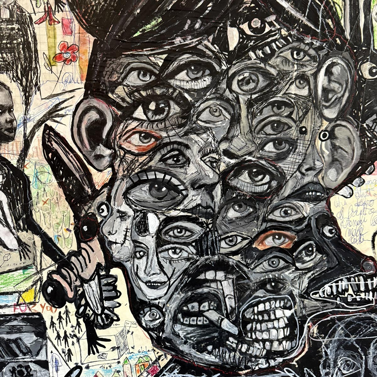 L'Opera Sui Exitium di Massimiliano Precisi esposta su una parete di cemento grezzo.