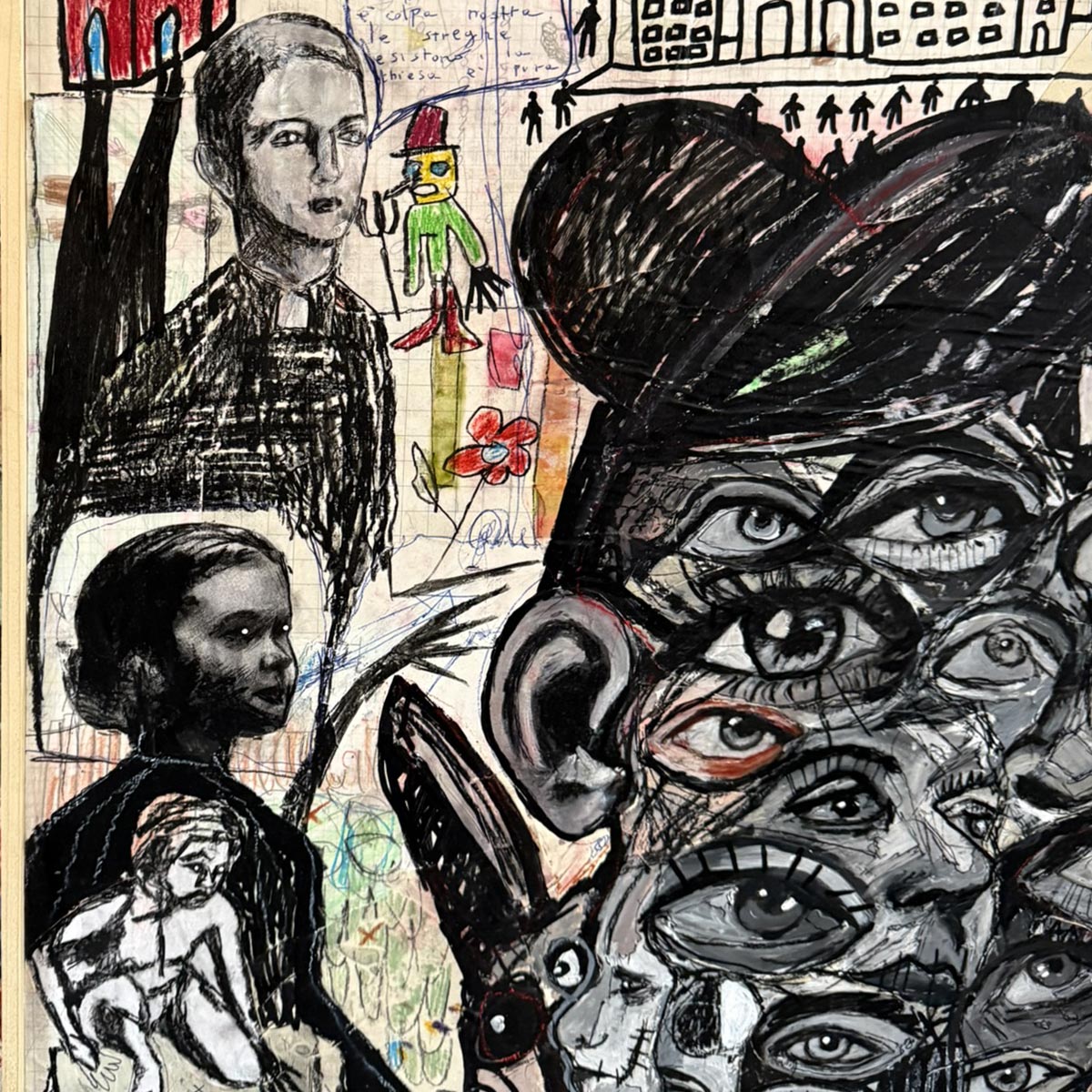 Particolare della tecnica mista e della matericità del supporto in legno dell'opera.