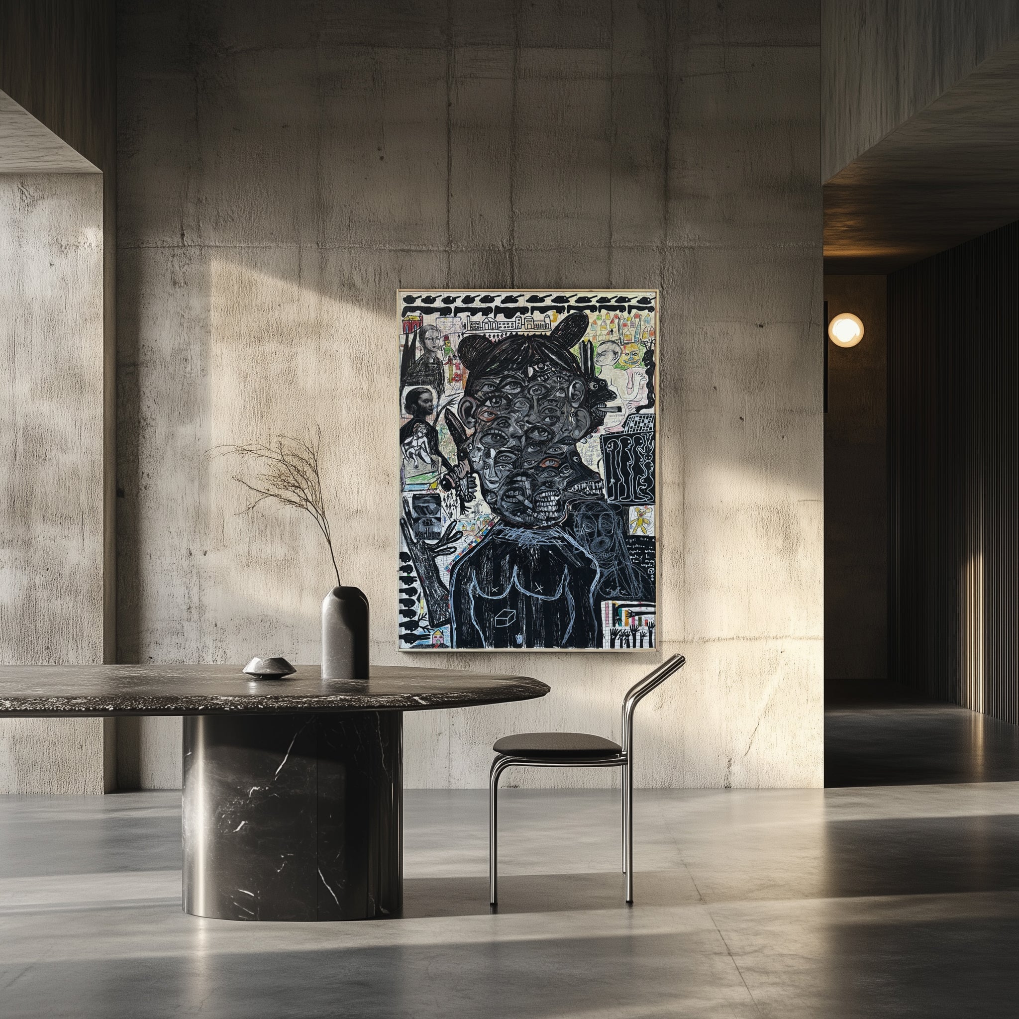 Primo piano del volto centrale frammentato, con occhi e maschere, nell'Opera Sui Exitium.