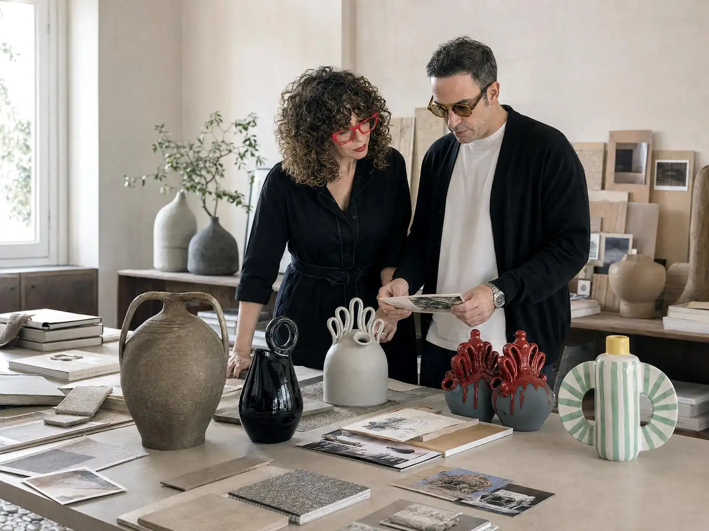 Tavolo curatoriale Vicode con oggetti, appunti, ceramiche e materiali di ricerca