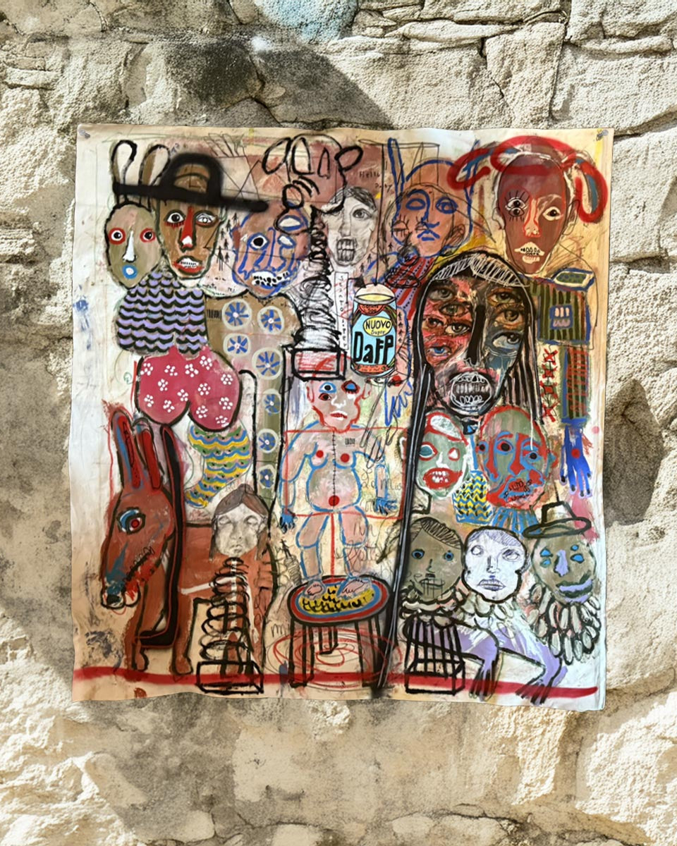 Opera The Puppet Child di Massimiliano Precisi, pittura di critica sociale su tela riciclata.