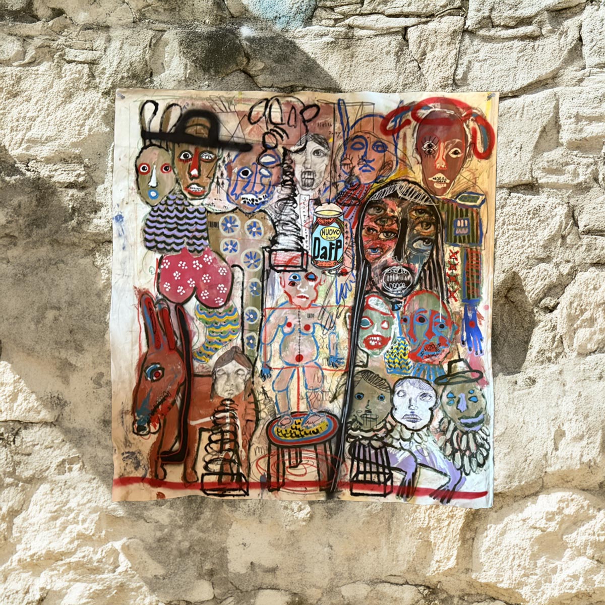 Opera The Puppet Child di Massimiliano Precisi, pittura di critica sociale su tela riciclata.