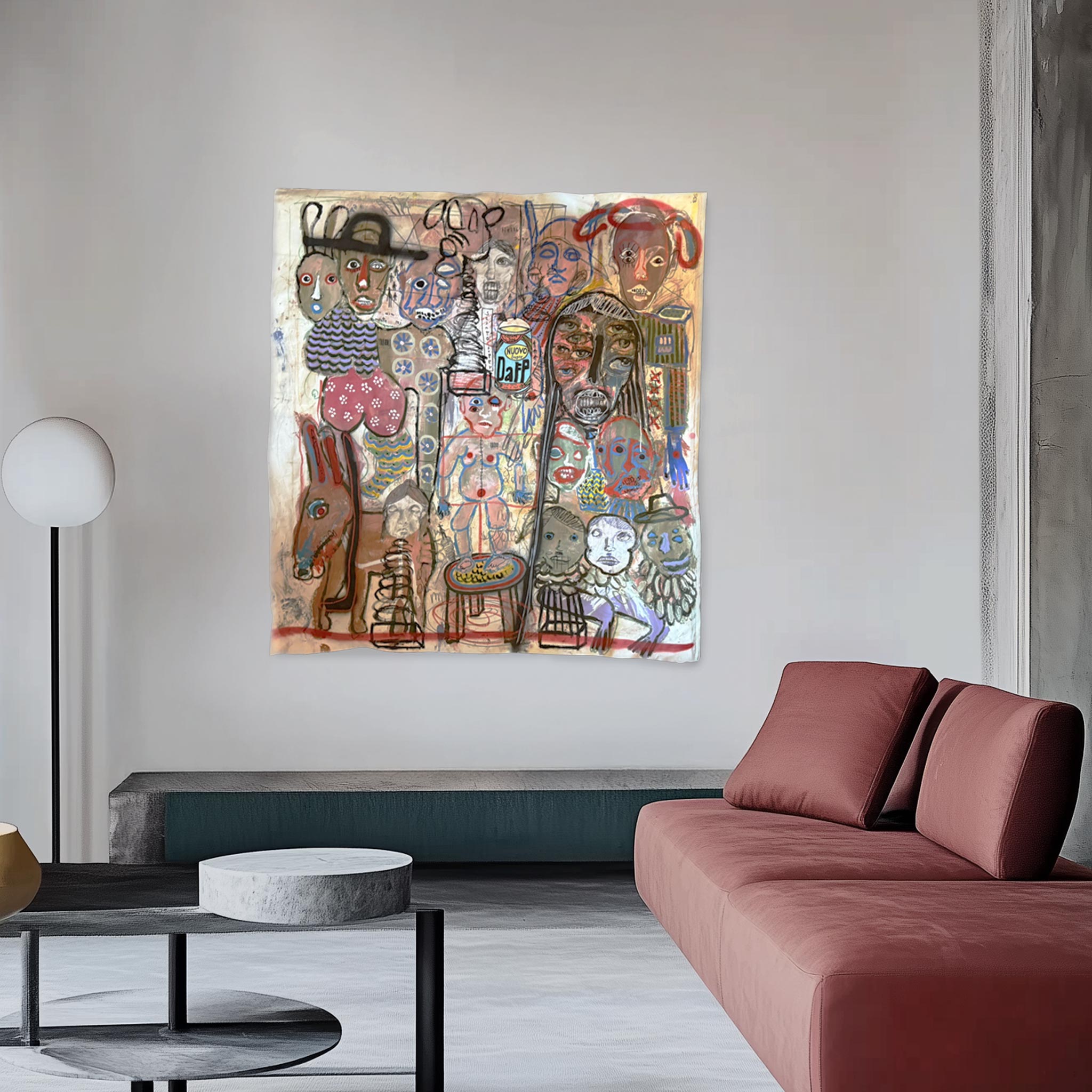 Dettaglio delle figure grottesche e antropomorfe che circondano il protagonista.