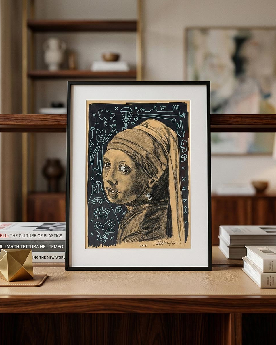 Dettaglio del volto reinterpretato nell'opera d'arte Massimiliano Precisi con tecnica a carboncino.