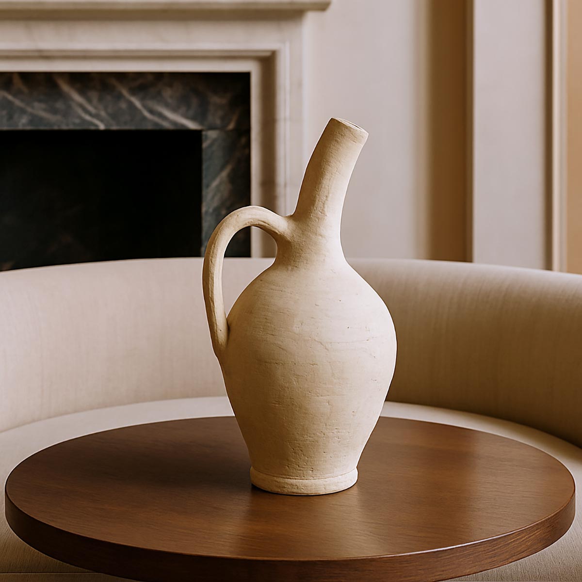 Amphora Camarguaise posizionata in un angolo di un salotto in stile rustico.