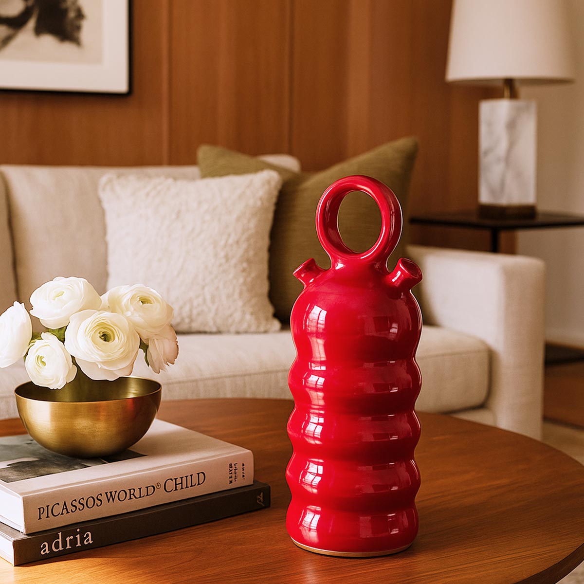 Botijo Rojo, brocca tradizionale valenciana in ceramica con una vibrante smaltatura rossa lucida.