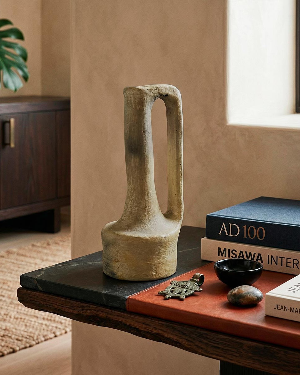 Vaso scultura Hanene "Architettura del Silenzio", ceramica Sejnane con grande ansa laterale.