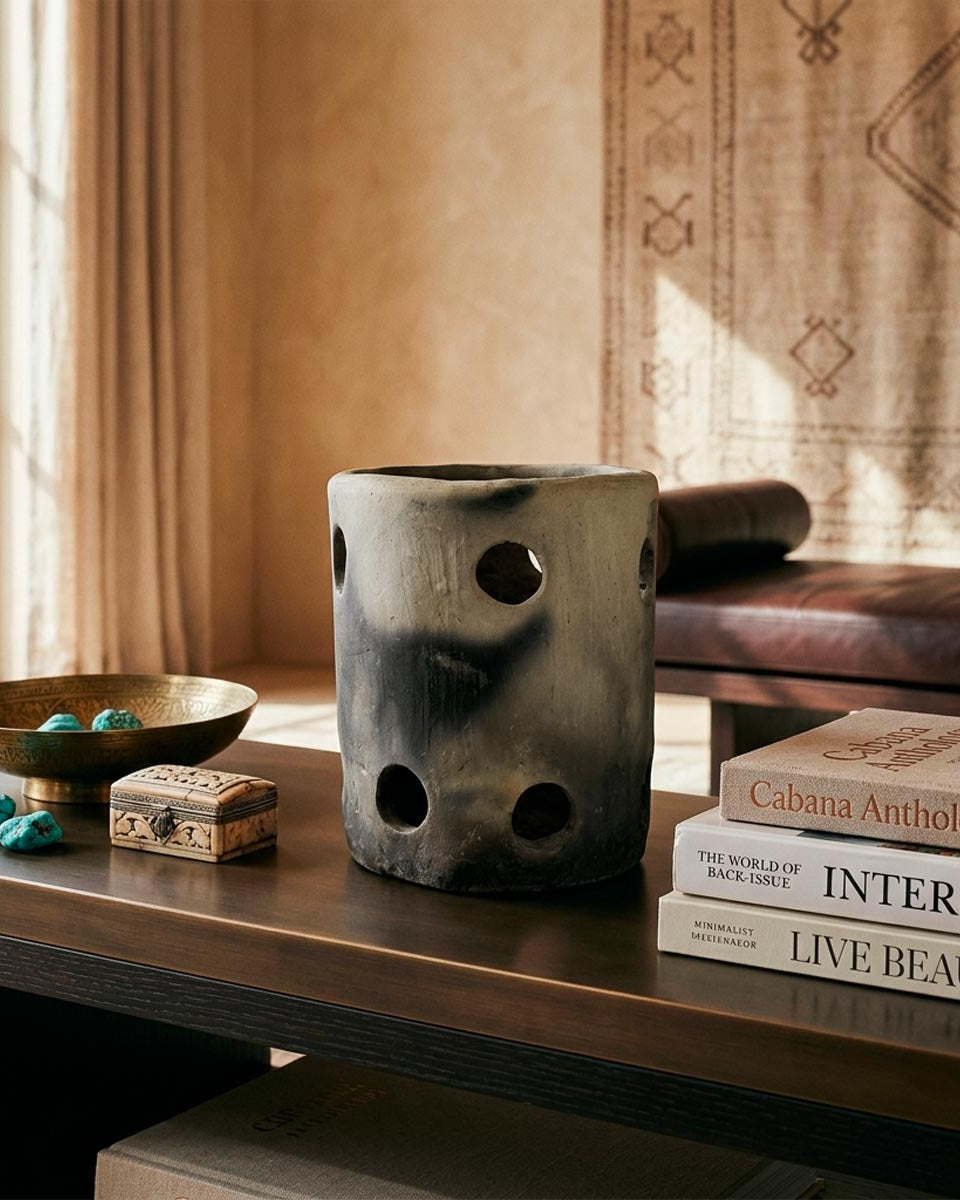Vaso scultoreo traforato cilindrico con grandi fori circolari modellato a mano dall'artista Hanene