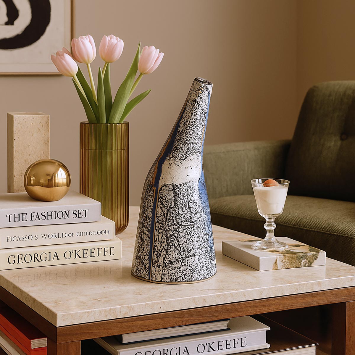 Vaso Conico Inchino in ceramica bianca con forma inclinata e rilievi colorati arancio e blu.