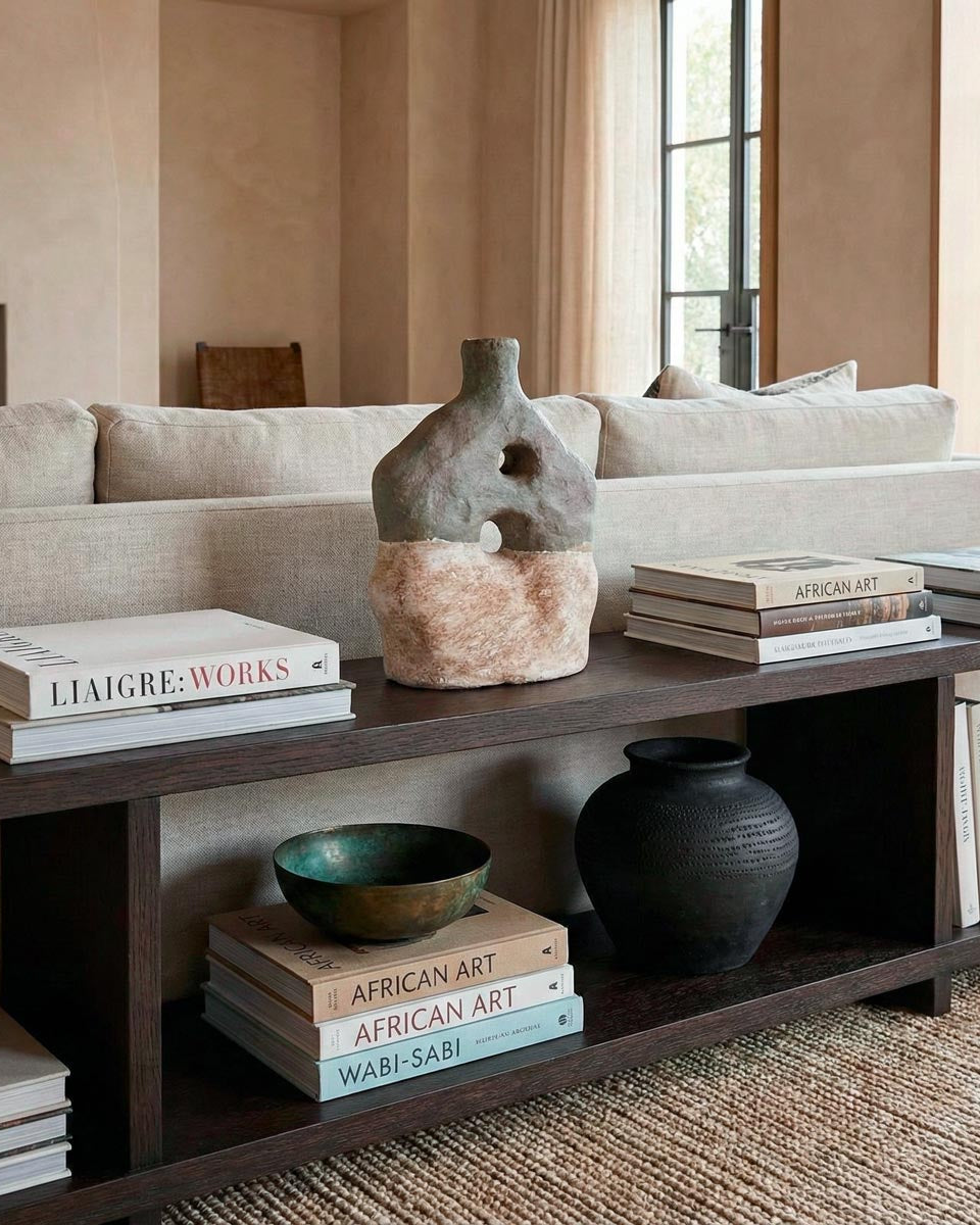 Ambientazione living di lusso in stile minimalista dai toni caldi. Al centro di una consolle bassa in legno scuro posta dietro un divano in lino beige, spicca una scultura organica in cartapesta bicolore (base beige ruvida, sommità grigio-verde) con due fori. La composizione è arricchita da pile di libri di design come 'LIAIGRE: WORKS' e 'AFRICAN ART', una ciotola in bronzo patinato e un vaso nero testurizzato su un tappeto in iuta.