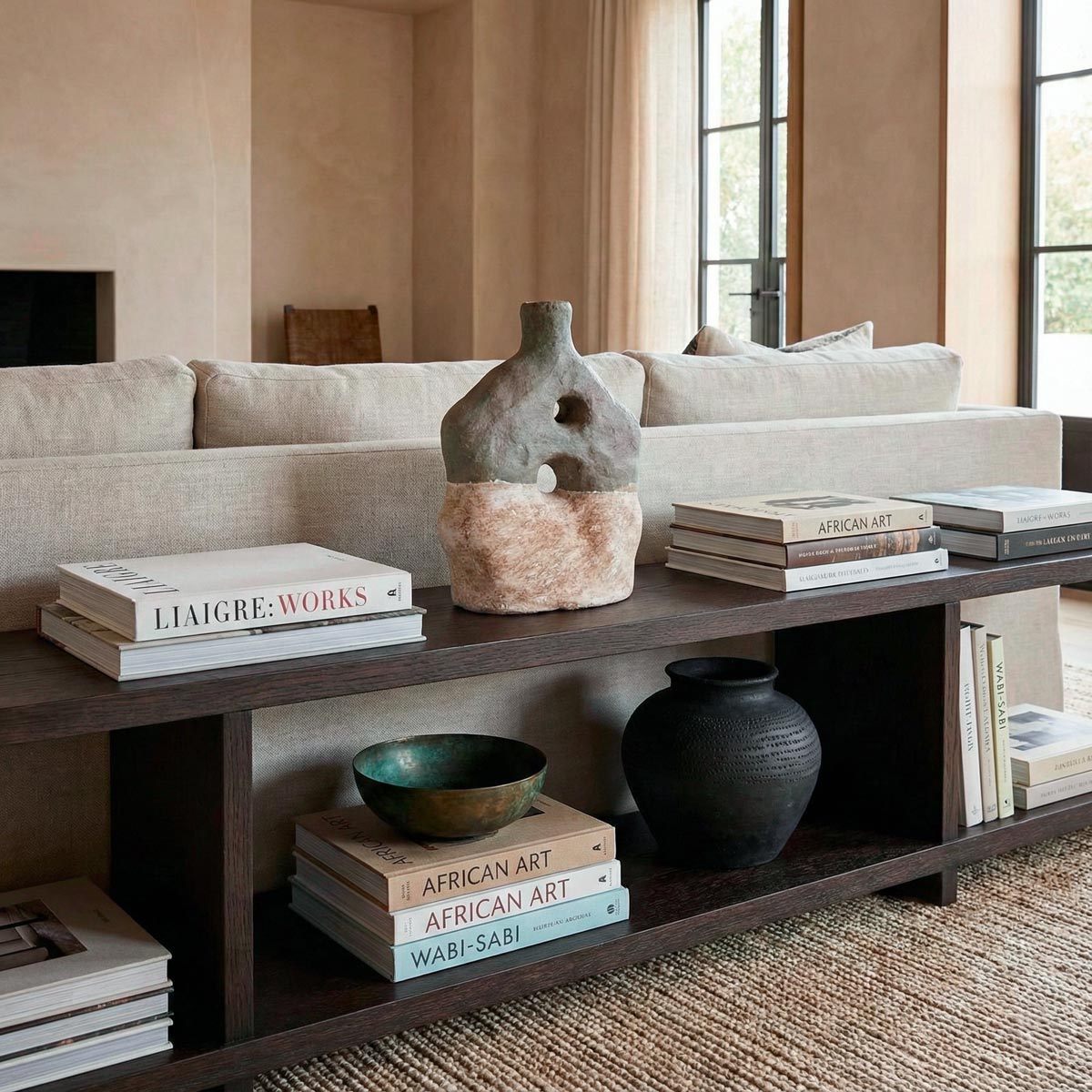 Ambientazione living di lusso in stile minimalista dai toni caldi. Al centro di una consolle bassa in legno scuro posta dietro un divano in lino beige, spicca una scultura organica in cartapesta bicolore (base beige ruvida, sommità grigio-verde) con due fori. La composizione è arricchita da pile di libri di design come 'LIAIGRE: WORKS' e 'AFRICAN ART', una ciotola in bronzo patinato e un vaso nero testurizzato su un tappeto in iuta.