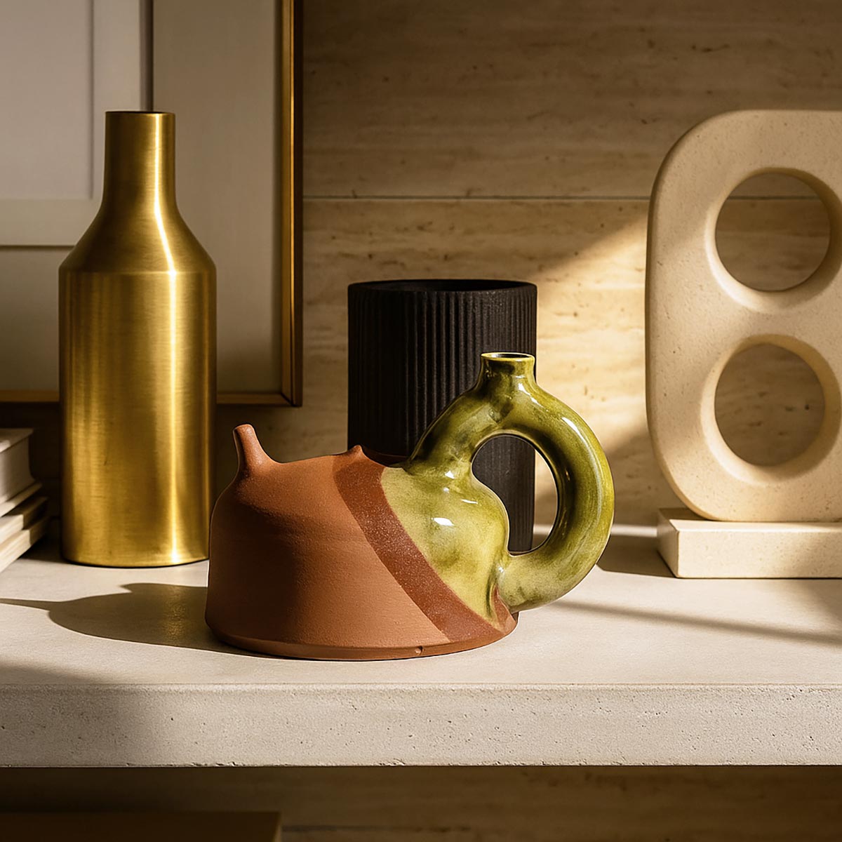 Ambientazione del Botijo Luna Verde su una mensola in un interno moderno