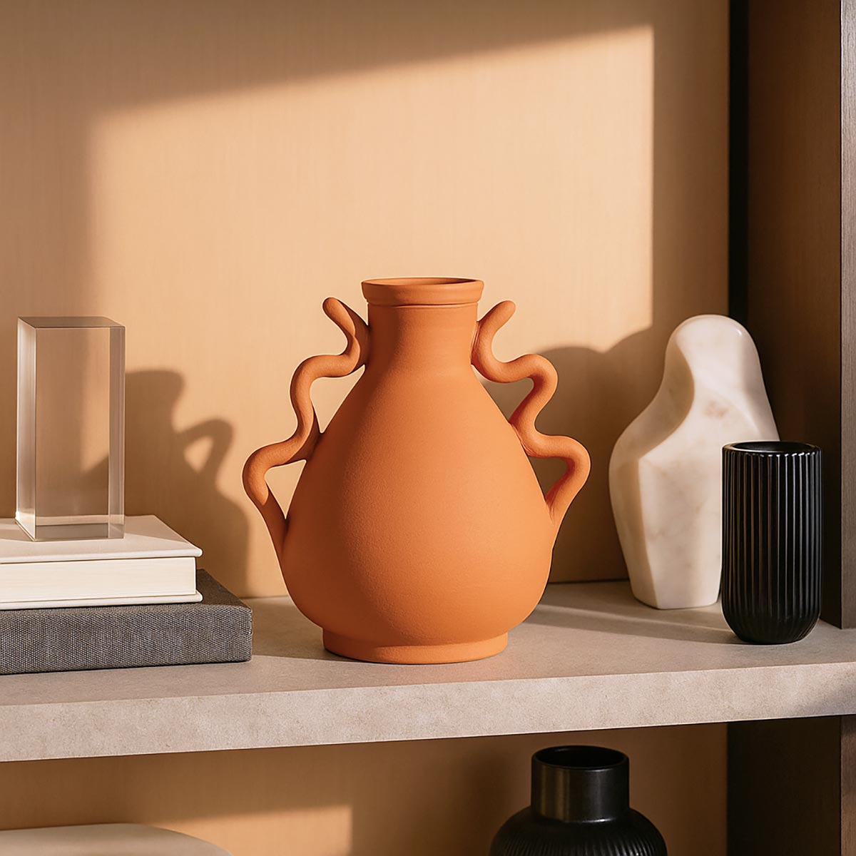 Primo piano della superficie ondulata e della texture materica dell'argilla del vaso Ondas.