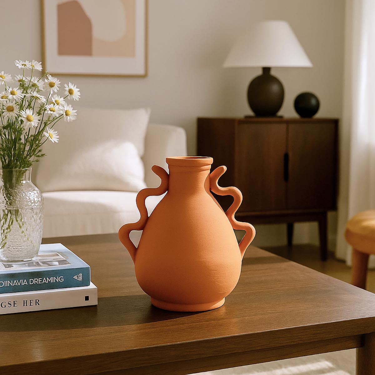 Vaso in argilla artigianale Ondas, con design ondulato e finitura grezza opaca.