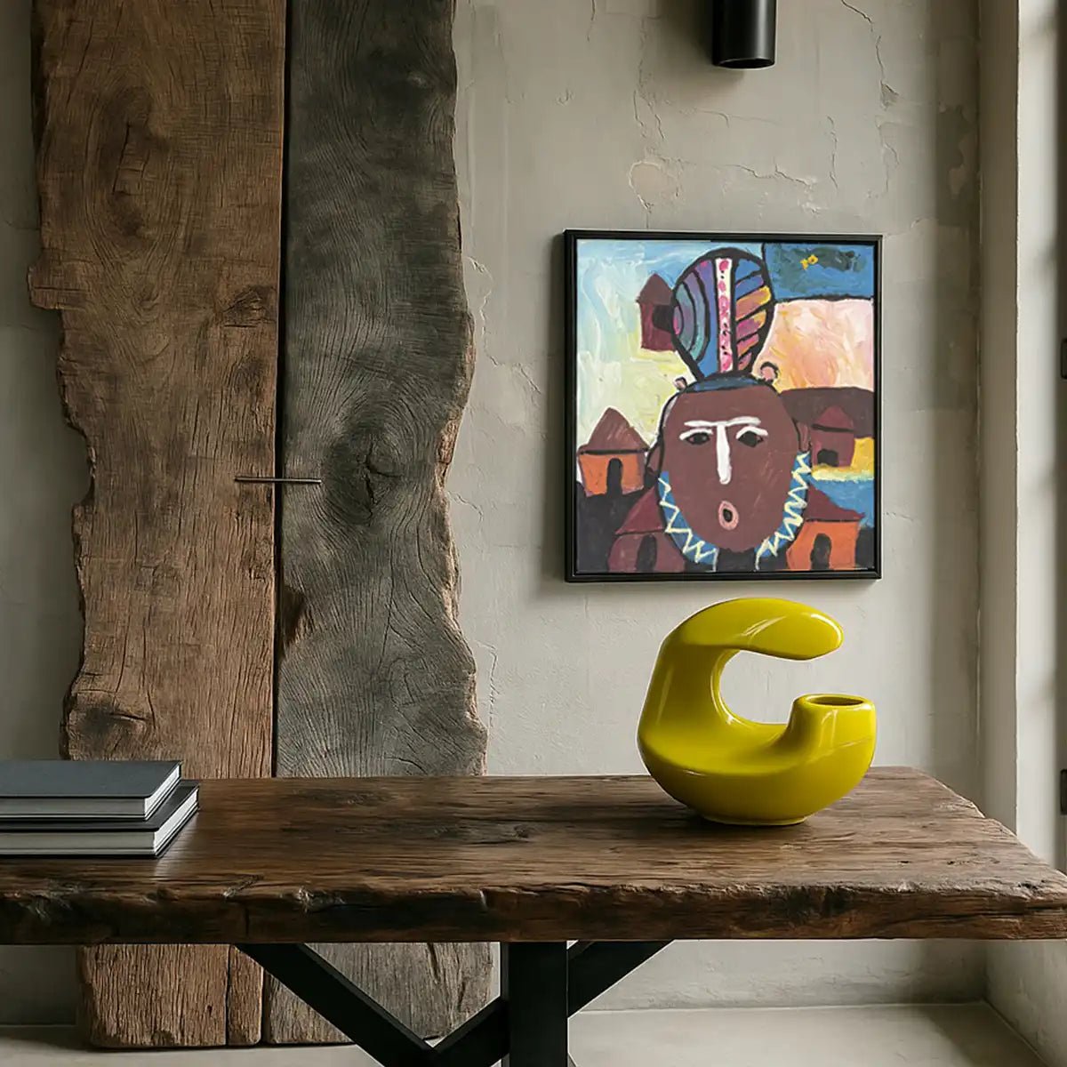 Primo piano della finitura lucida e del colore giallo vibrante della scultura Orbitale Giallo.