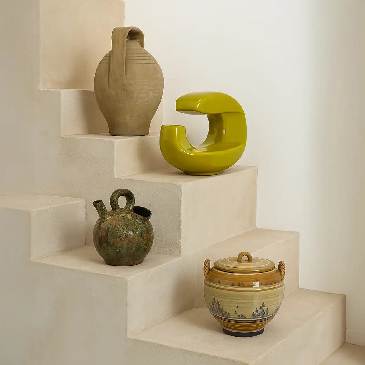 La scultura di design gialla esposta su una mensola in un salotto dal design moderno.