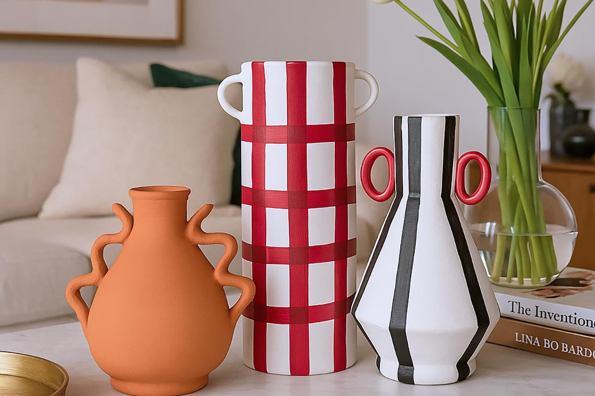 Il Vaso Pinturas e Orelhas usato come scultura decorativa su una mensola in legno.