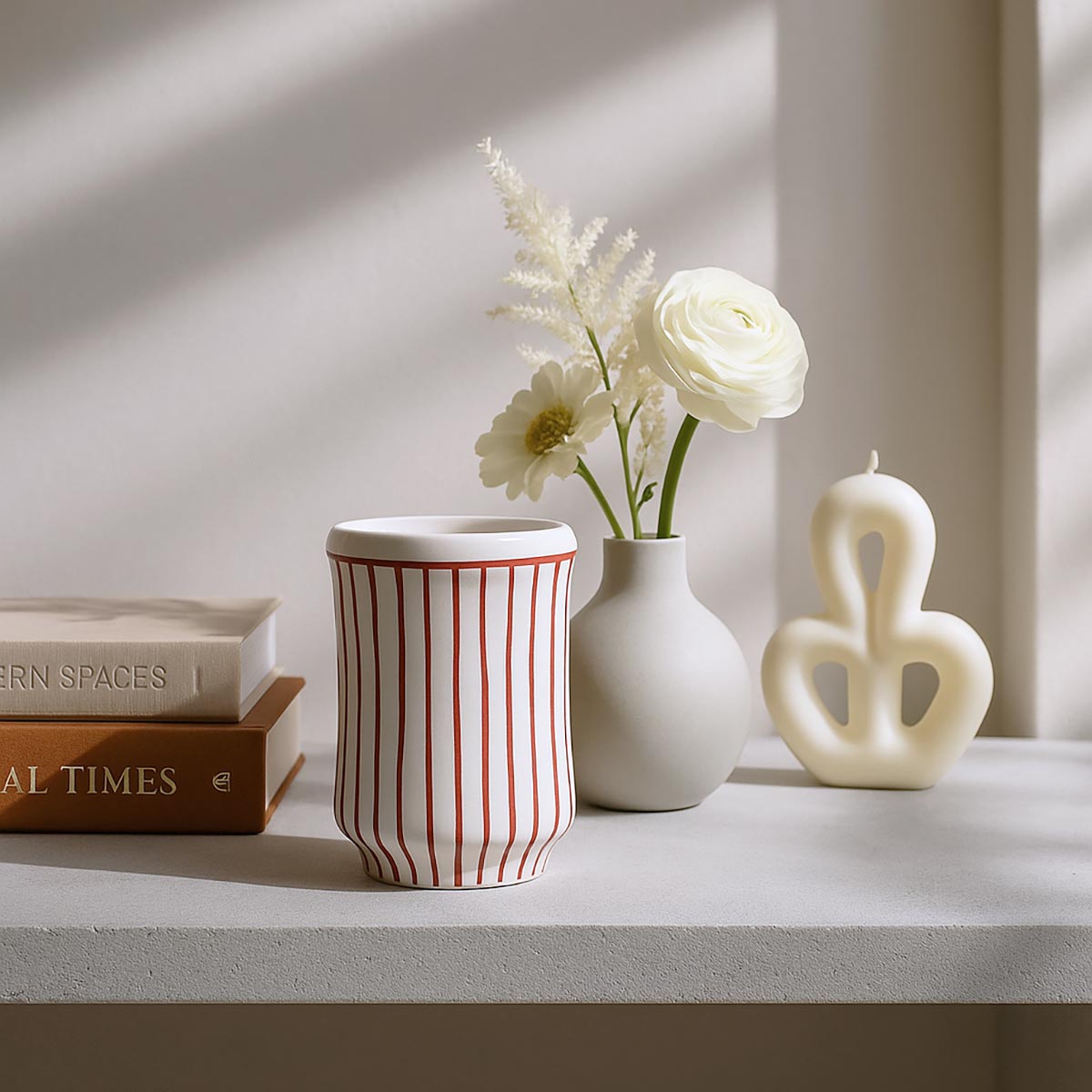 Primo piano delle pennellate a mano delle righe rosse sul Vaso Valenciano Rayas rojas.