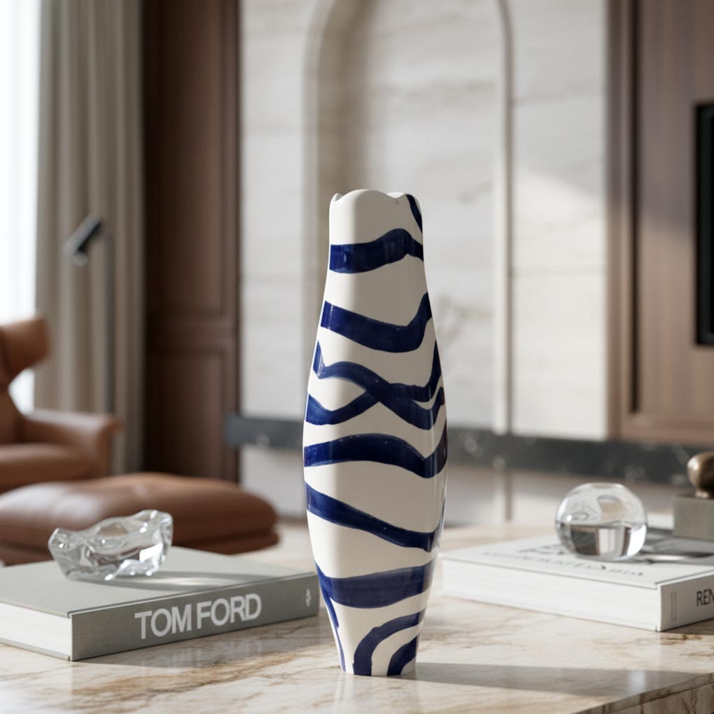 Primo piano delle pennellate fluide di blu cobalto sul vaso Ritmo Marino.