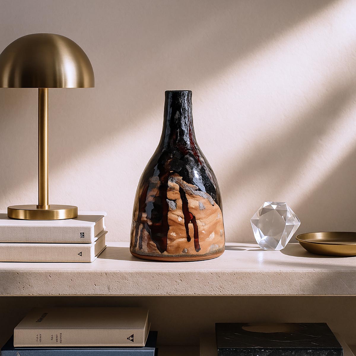 Vaso Rosato Bordeaux bicolore in ceramica smaltata, con forma a bottiglia, su sfondo bianco.