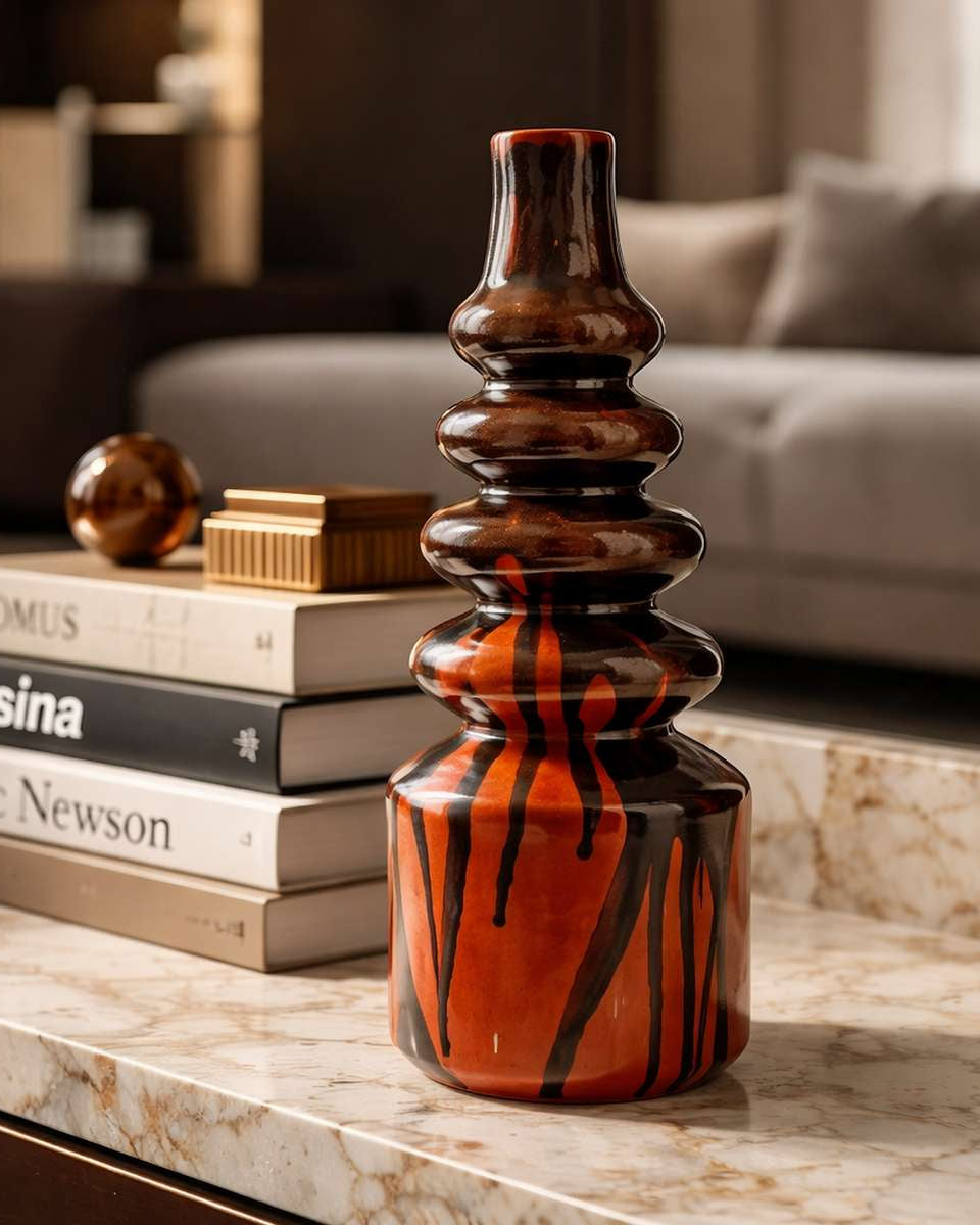Vaso scultoreo a anelli sovrapposti color terracotta e nero