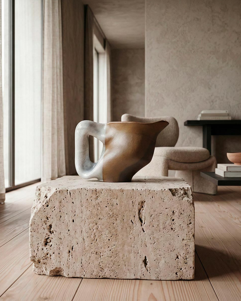 Brocca in ceramica artistica con corpo bruno e manico azzurro polvere.