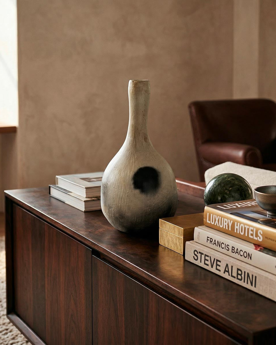 Vaso scultura Najed "Eclissi di Sabbia", ceramica artistica slanciata Malles x Vicode