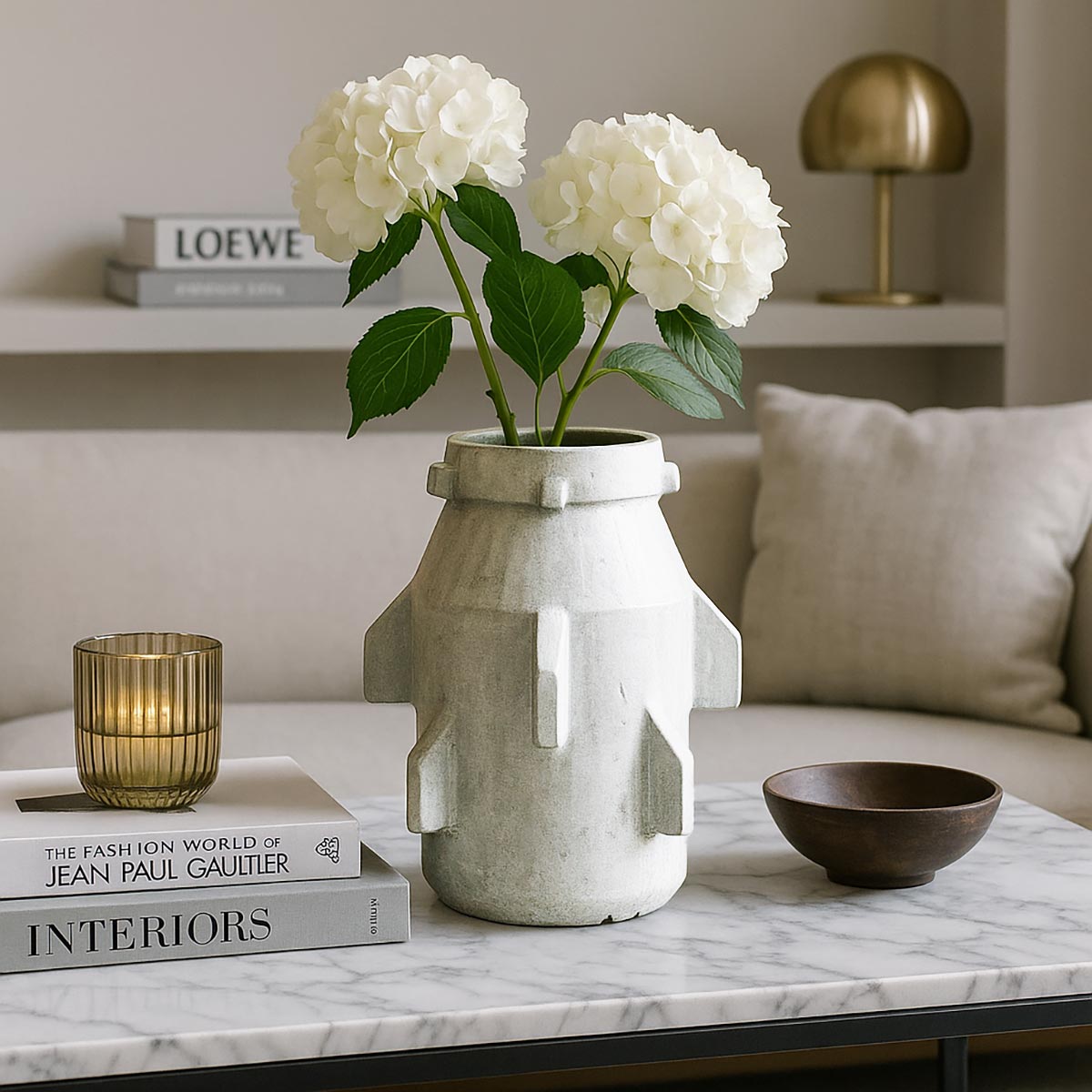 Il vaso berbero Totem del Vento in un ambiente wabi-sabi, su un mobile in legno grezzo.