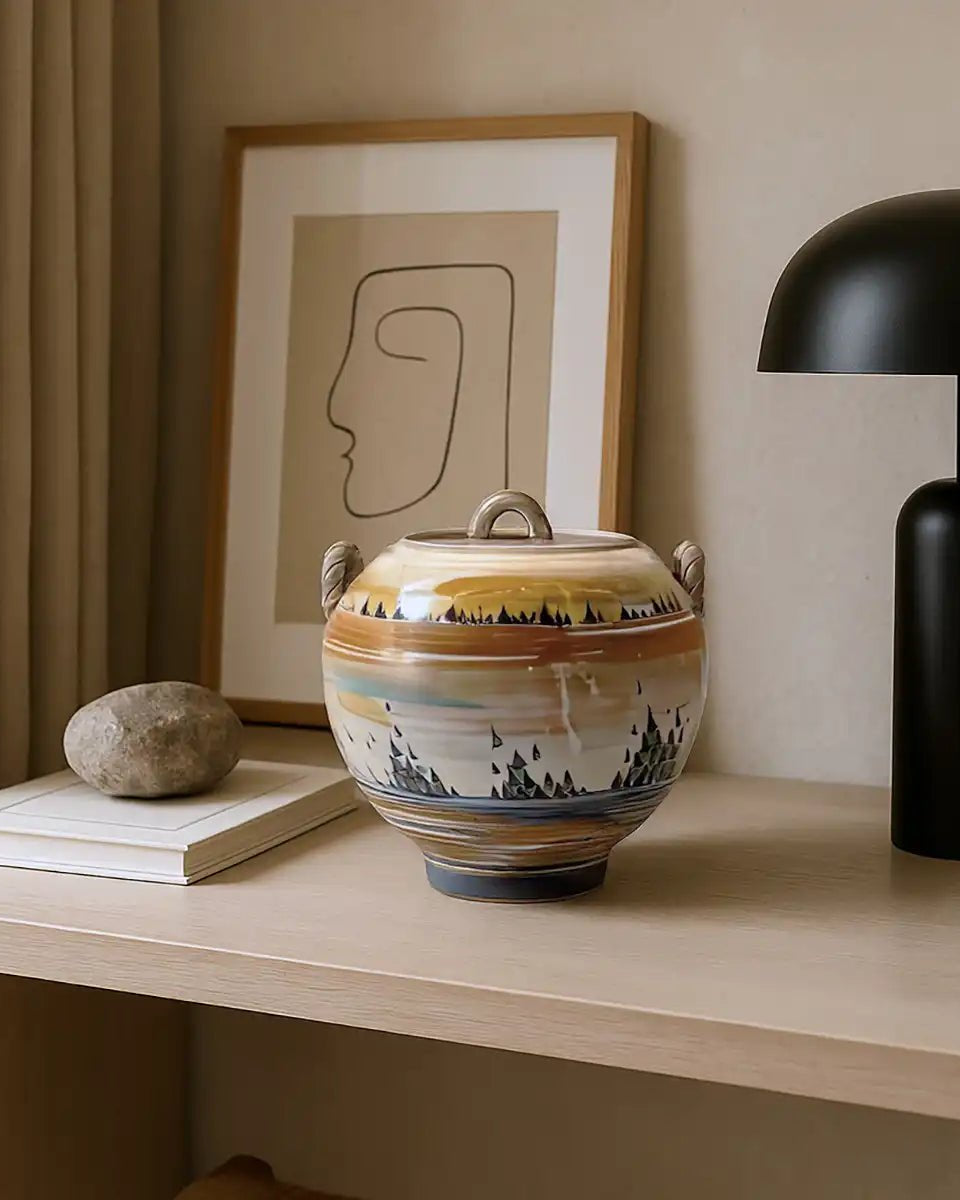 Vaso con coperchio Vento di Lilla, in ceramica naturale con delicati dettagli color lilla.