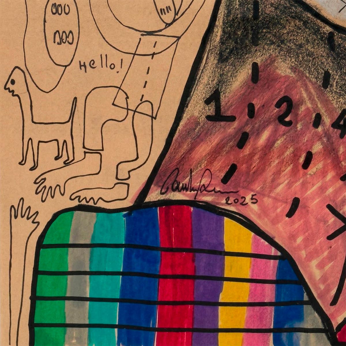 Simboli grafici, soli e scritte "Hello!" che compongono la narrazione silente dello sfondo.