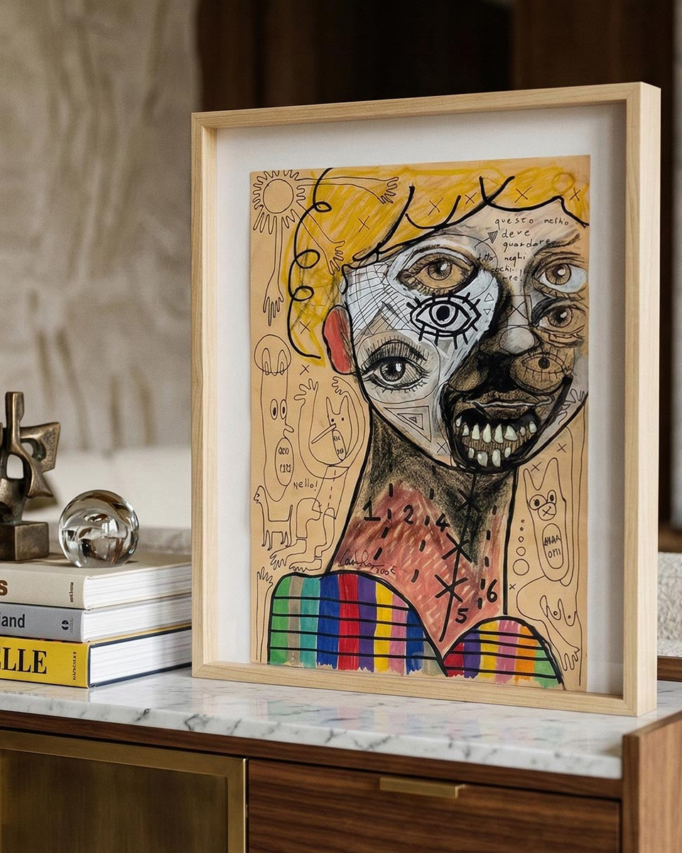 Dettaglio dell'occhio con messaggio calligrafico nel quadro neo-espressionista Massimiliano Precisi.
