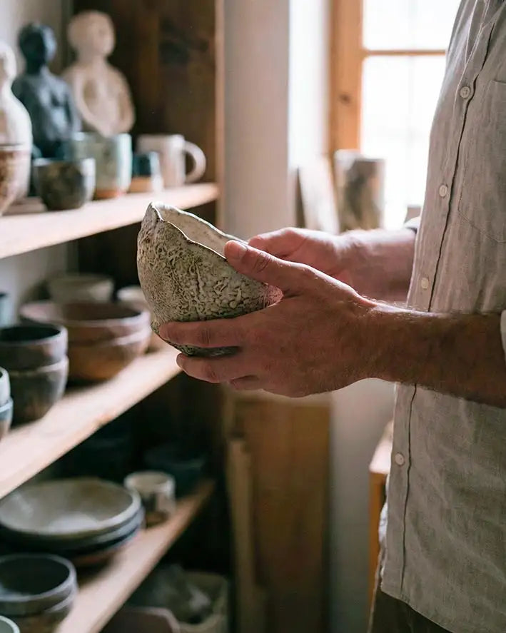 Dettaglio delle mani che sorreggono una ciotola in ceramica artigianale grezza, simbolo della ricerca di pezzi unici e imperfetti per le collezioni Vicode.