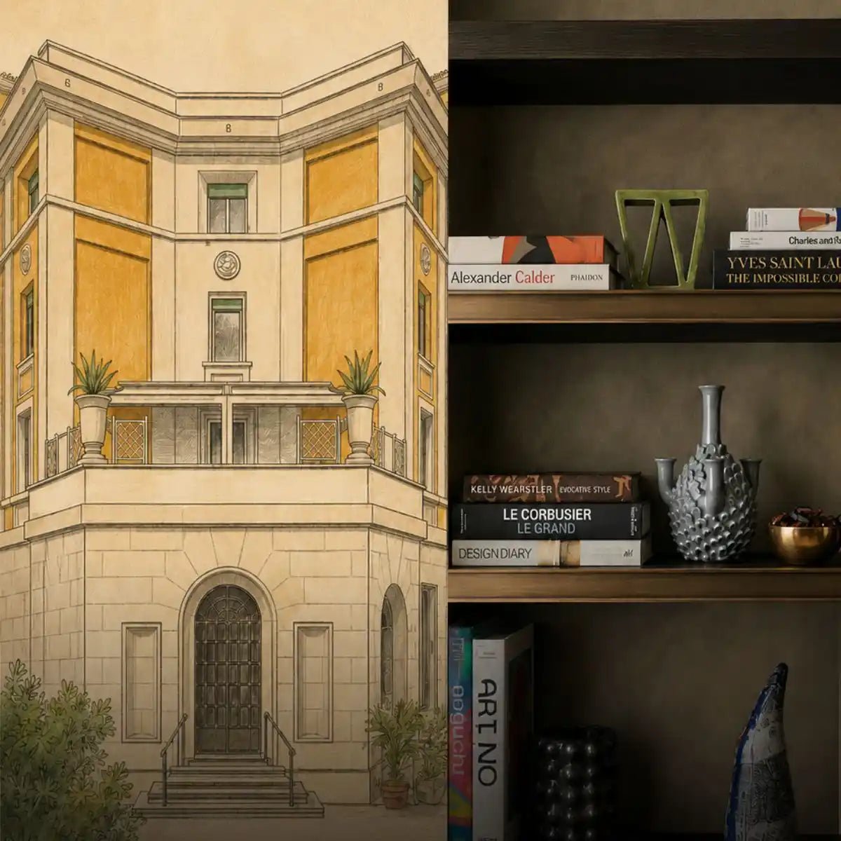 disegno di palazzo lancia e libreria con vasi moderni