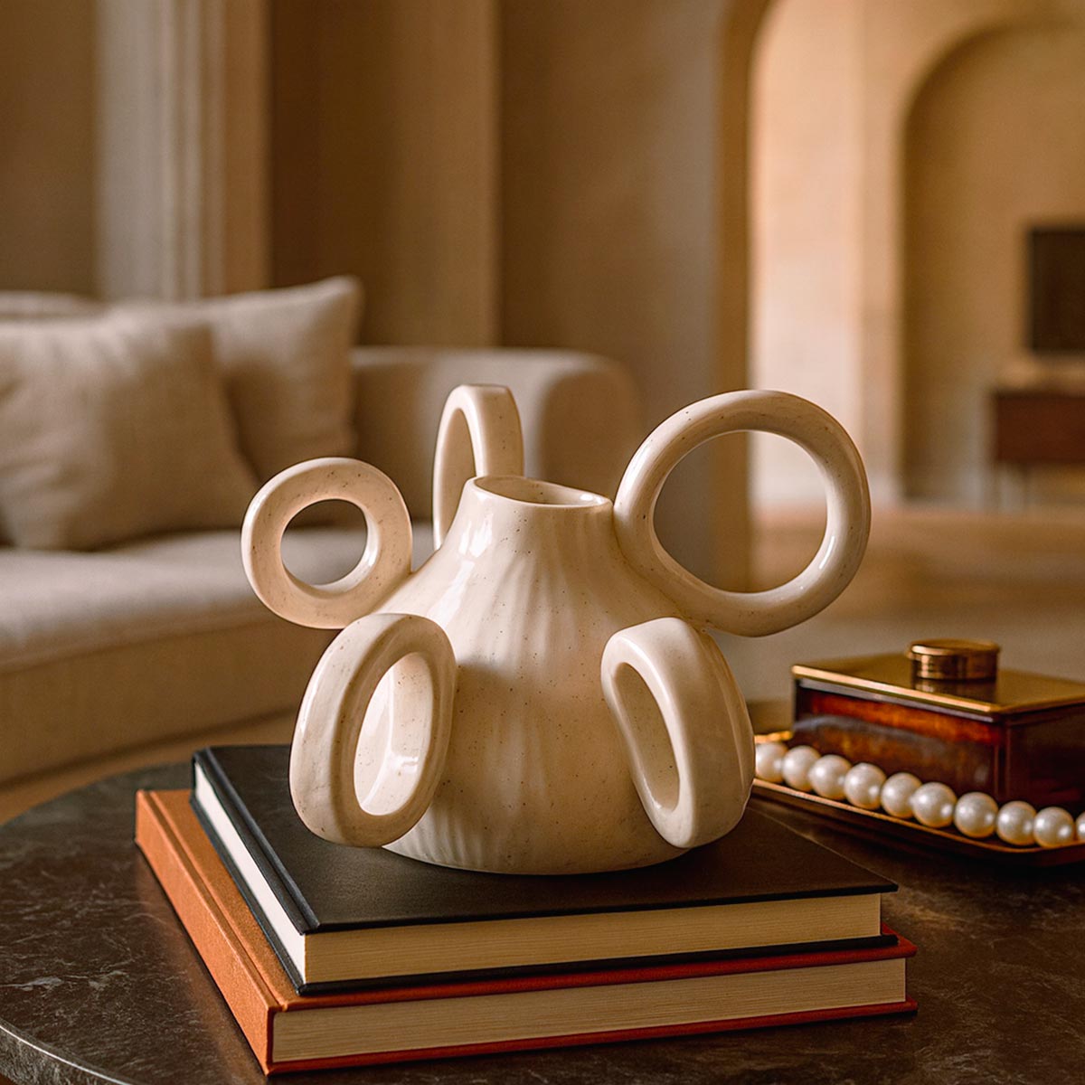 Vaso scultura design Anelli d'Aria, in ceramica smaltata a mano con forme circolari intrecciate.