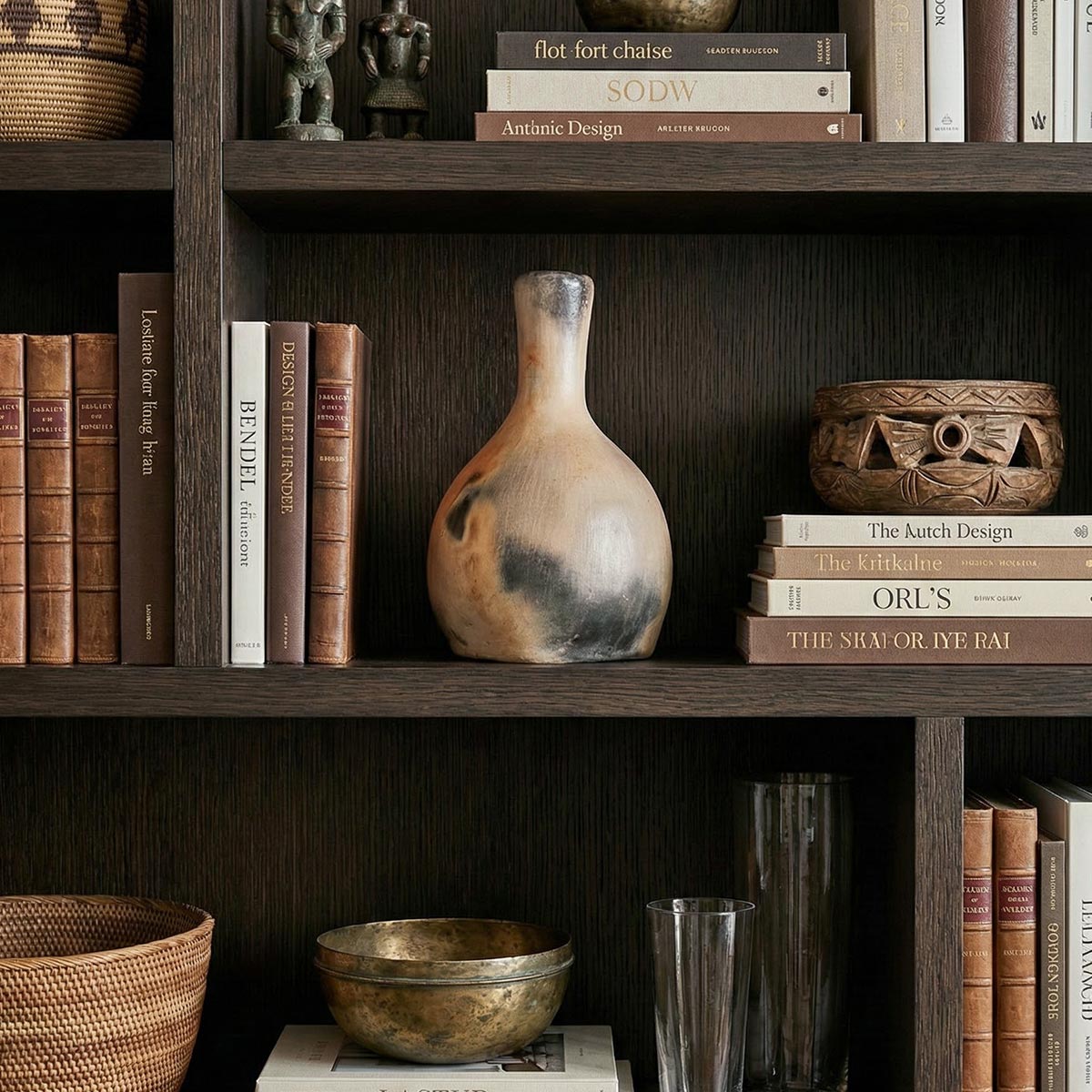 Vaso policromo di design etico ambientato su scaffale moderno